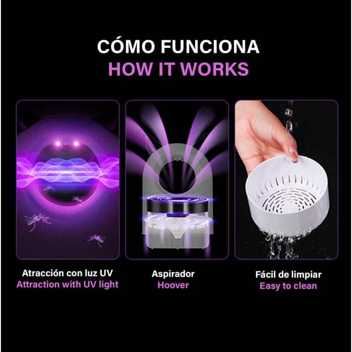 Trappola per zanzare elettrica JX-688, con luce LED da 365nm, aspiratore silenzioso e serbatoio.