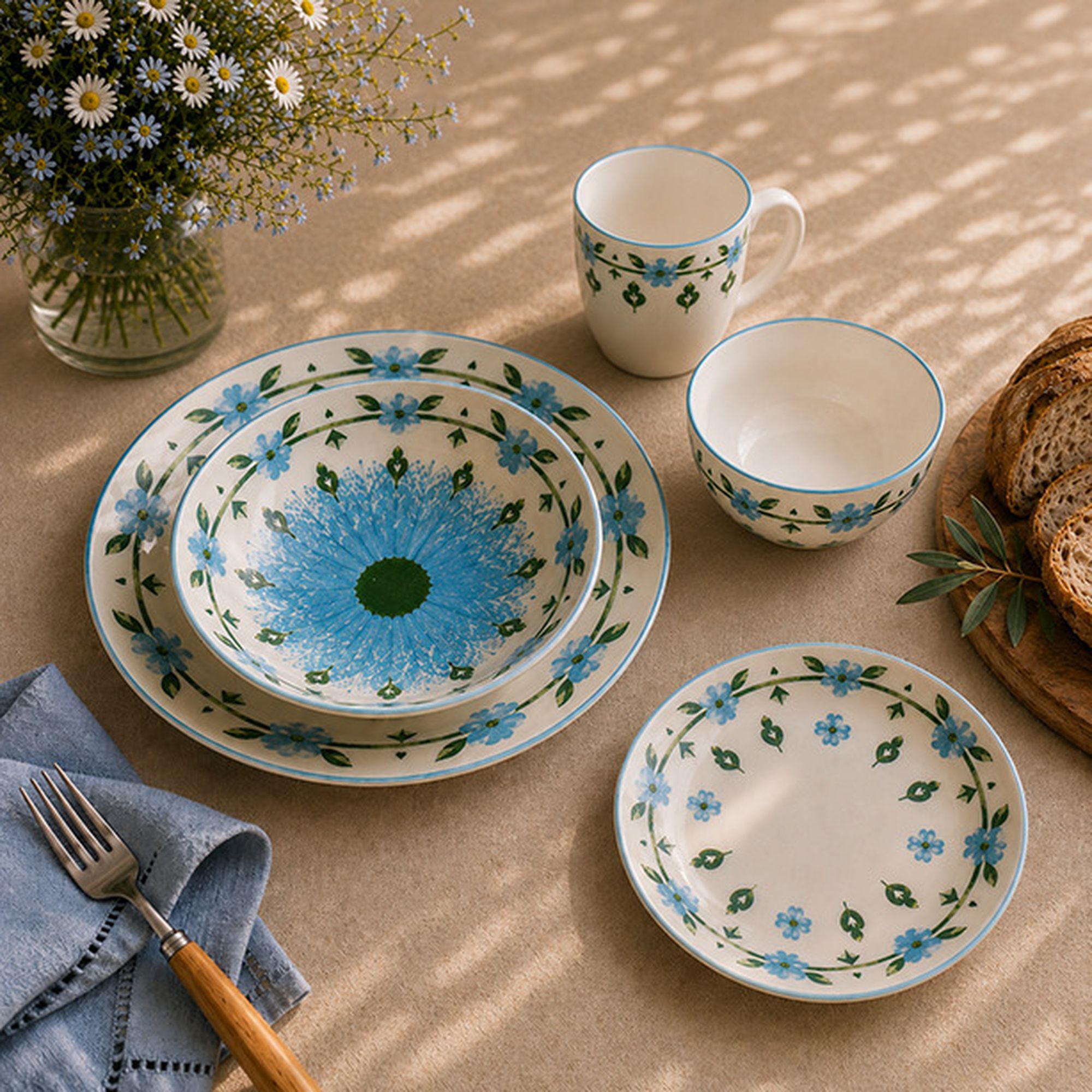 Lot de 6 mugs 36cl en porcelaine blanc et bleu floral PRIMAVERA