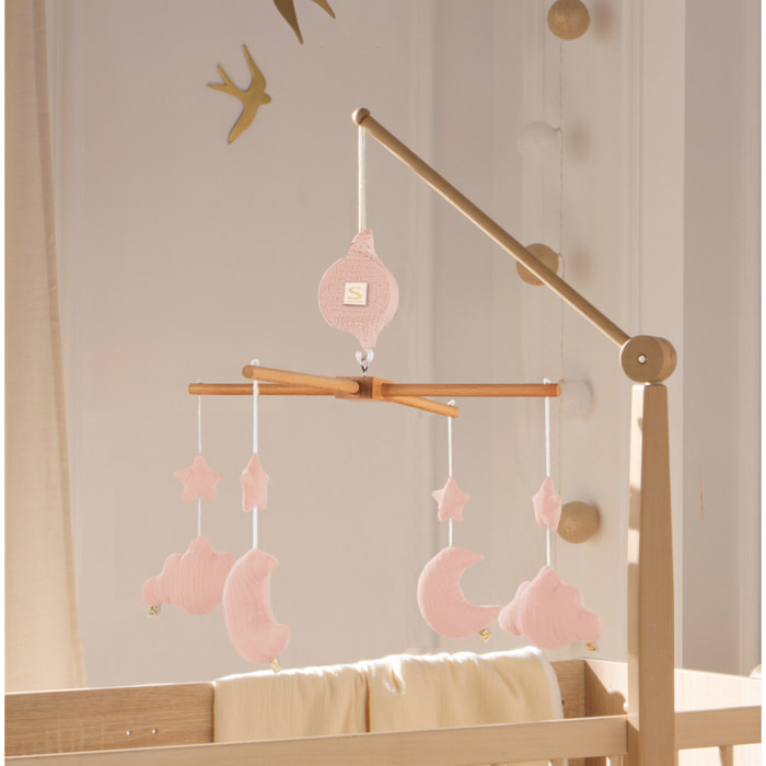 Mobile musical bébé en bois avec 4 jouets