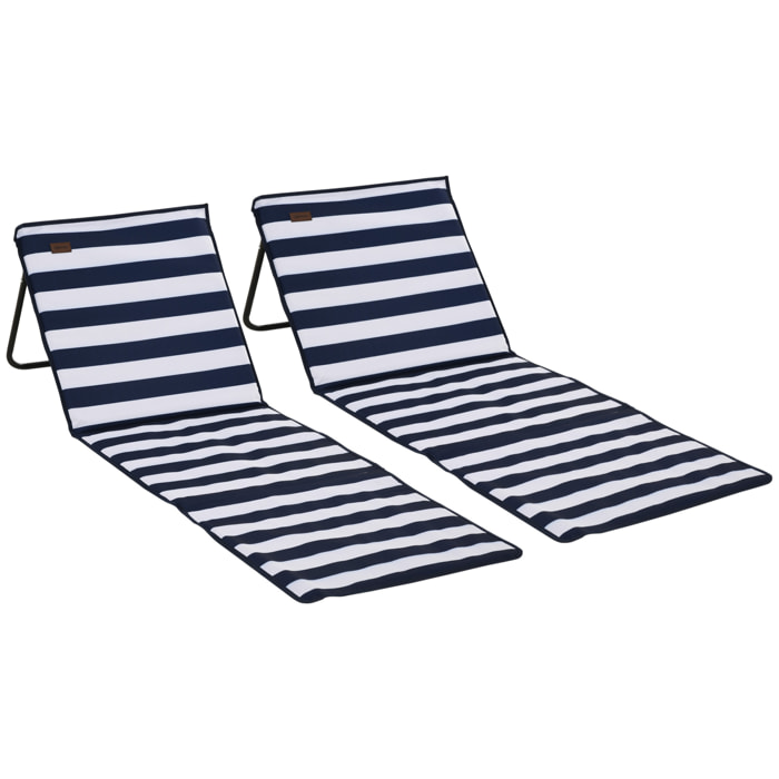 Conjunto de 2 Esterillas de Playa Plegable Esteras Acolchadas con Respaldo Reclinable y Bolsa de Transporte para Jardín 142x51x40 cm Blanco y Azul