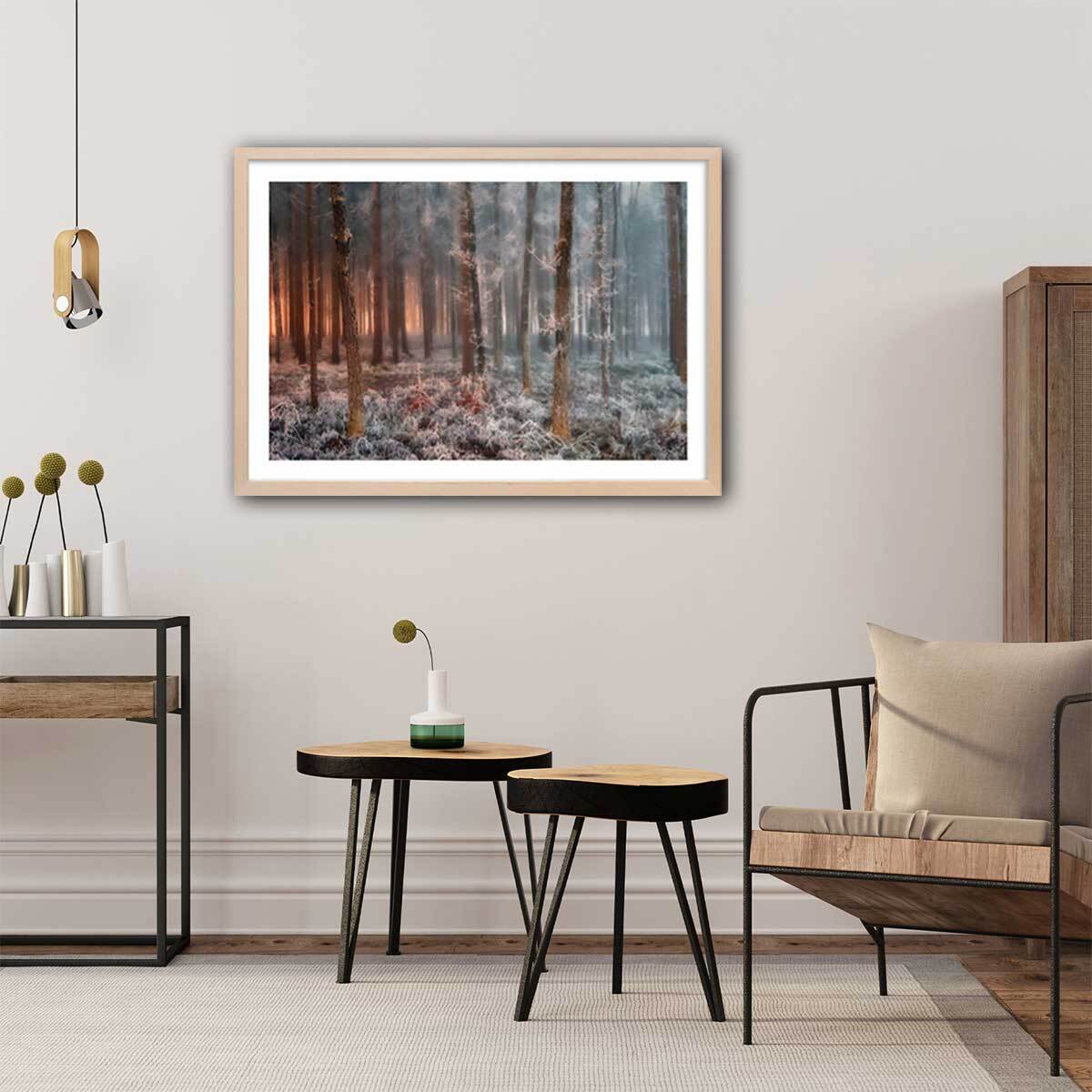 Affiche paysage de glace et de feu Affiche + cadre en bois - Chêne