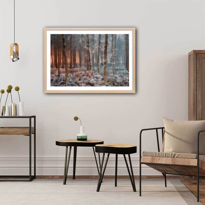 Affiche paysage de glace et de feu Affiche + cadre en bois - Chêne