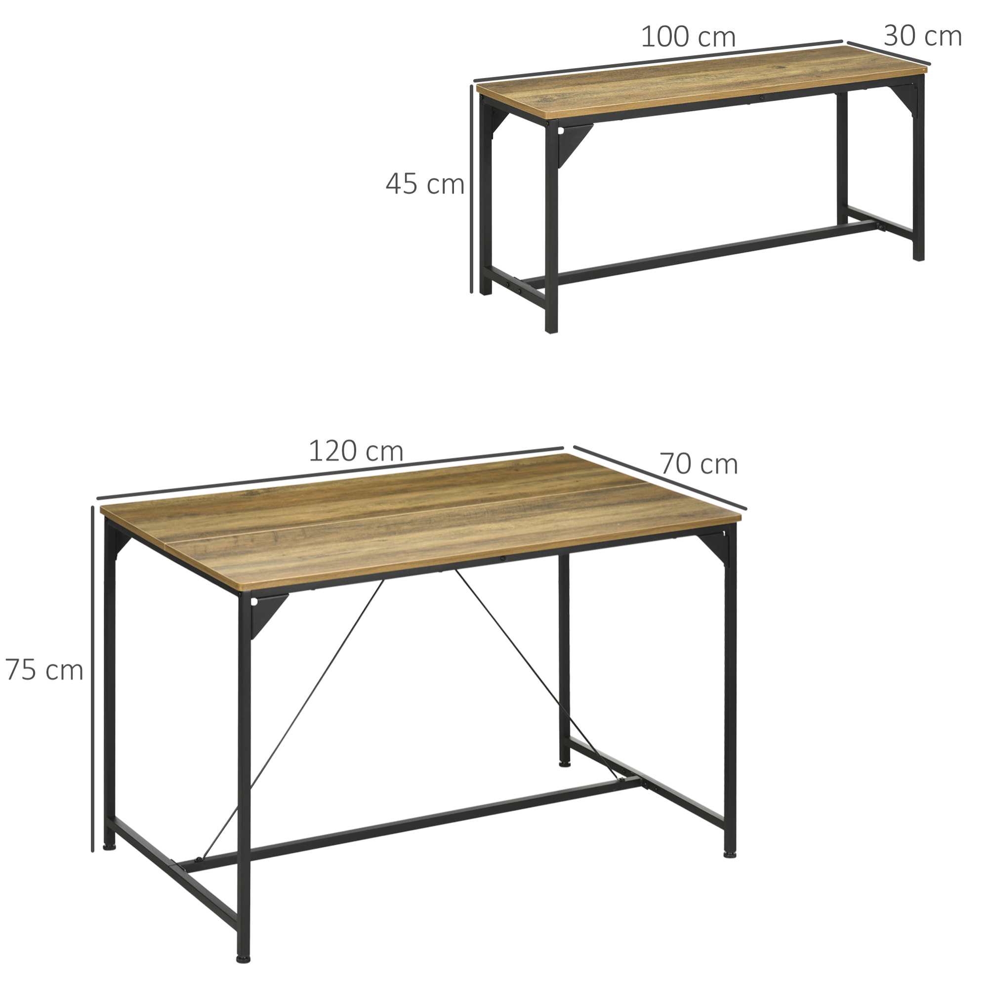 Ensemble table à manger et 2 bancs 4 personnes châssis acier noir plateau assises aspect bois clair naturel