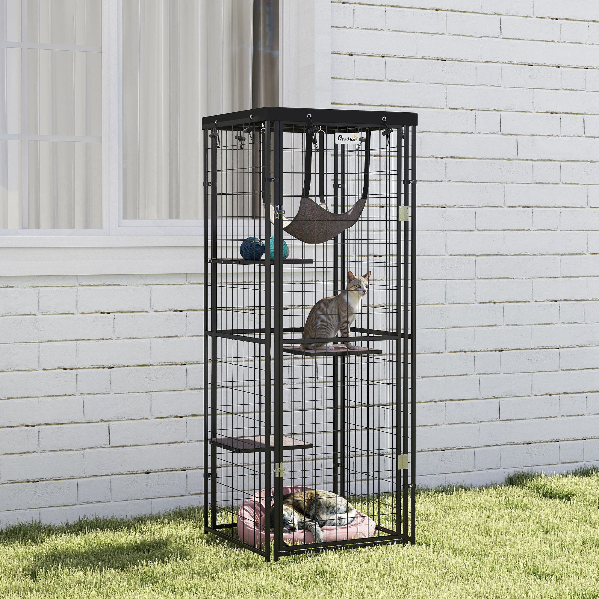 Jaula para Gatos para Exterior e Interior Recinto para Gatos con Cubierta Impermeable 3 Plataformas Hamaca Cojines y Puerta 61,5x55x157 cm Negro