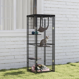Jaula para Gatos para Exterior e Interior Recinto para Gatos con Cubierta Impermeable 3 Plataformas Hamaca Cojines y Puerta 61,5x55x157 cm Negro