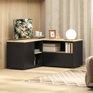Meuble TV d'angle banc TV en L 2 portes 3 niches panneaux aspect bois chêne clair noir