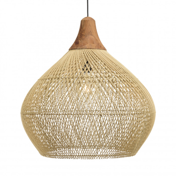 ALIDA - Suspension 'cloche' 68x68cm rotin couleur naturelle et teck