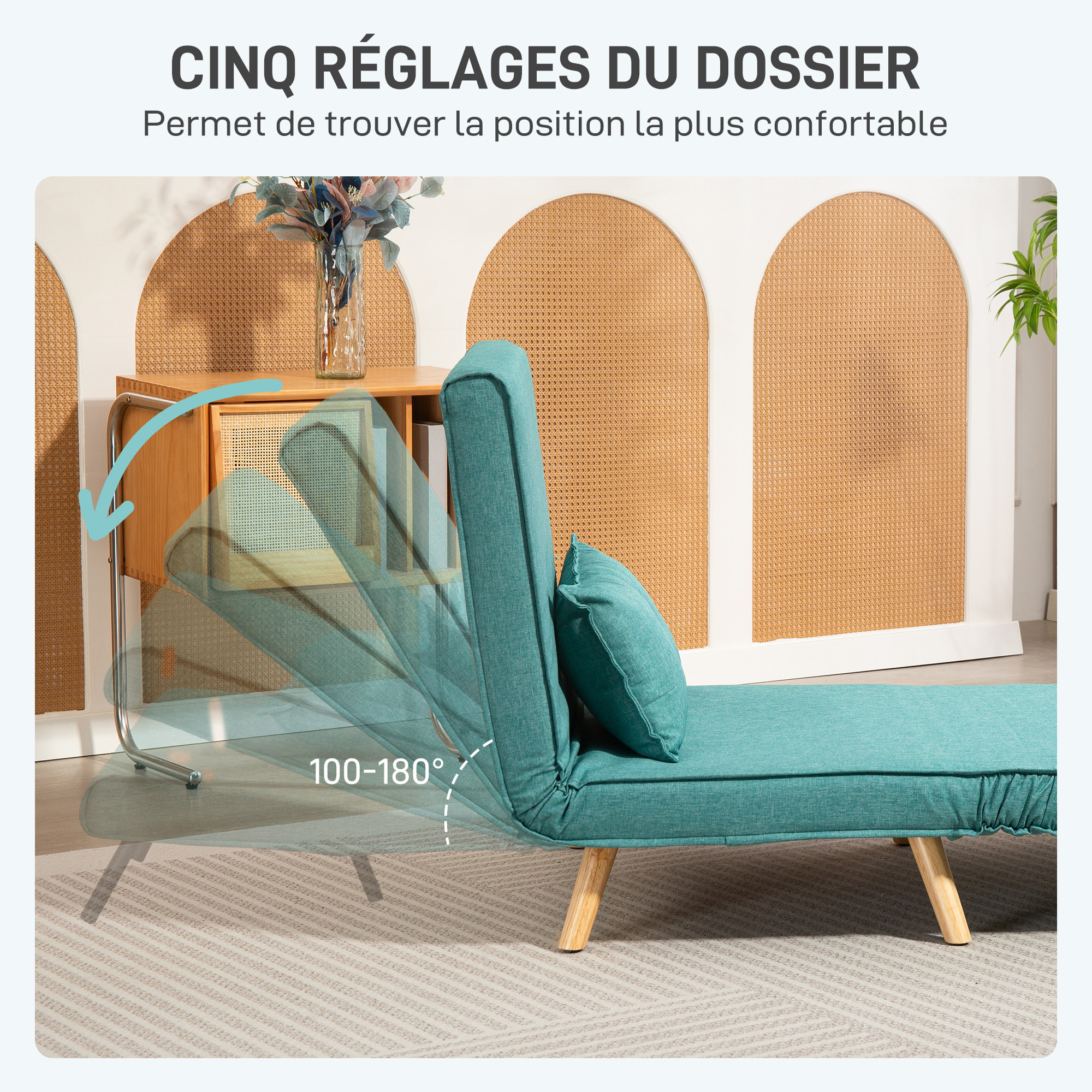 Fauteuil convertible style nordique - fauteuil lit chaise longue 3 en 1 - dossier inclinable - bois tissu turquoise
