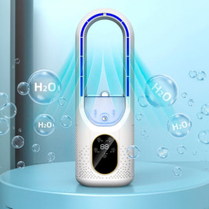 Ventilatore senza pale Y088. Con funzione di nebulizzazione, 6 velocità e timer fino a 6 ore. Serbatoio da 100 ml e luce ambientale a 7 colori.