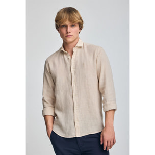 Camicia sabbia in lino tinta in capo con ricamo Rigby Go