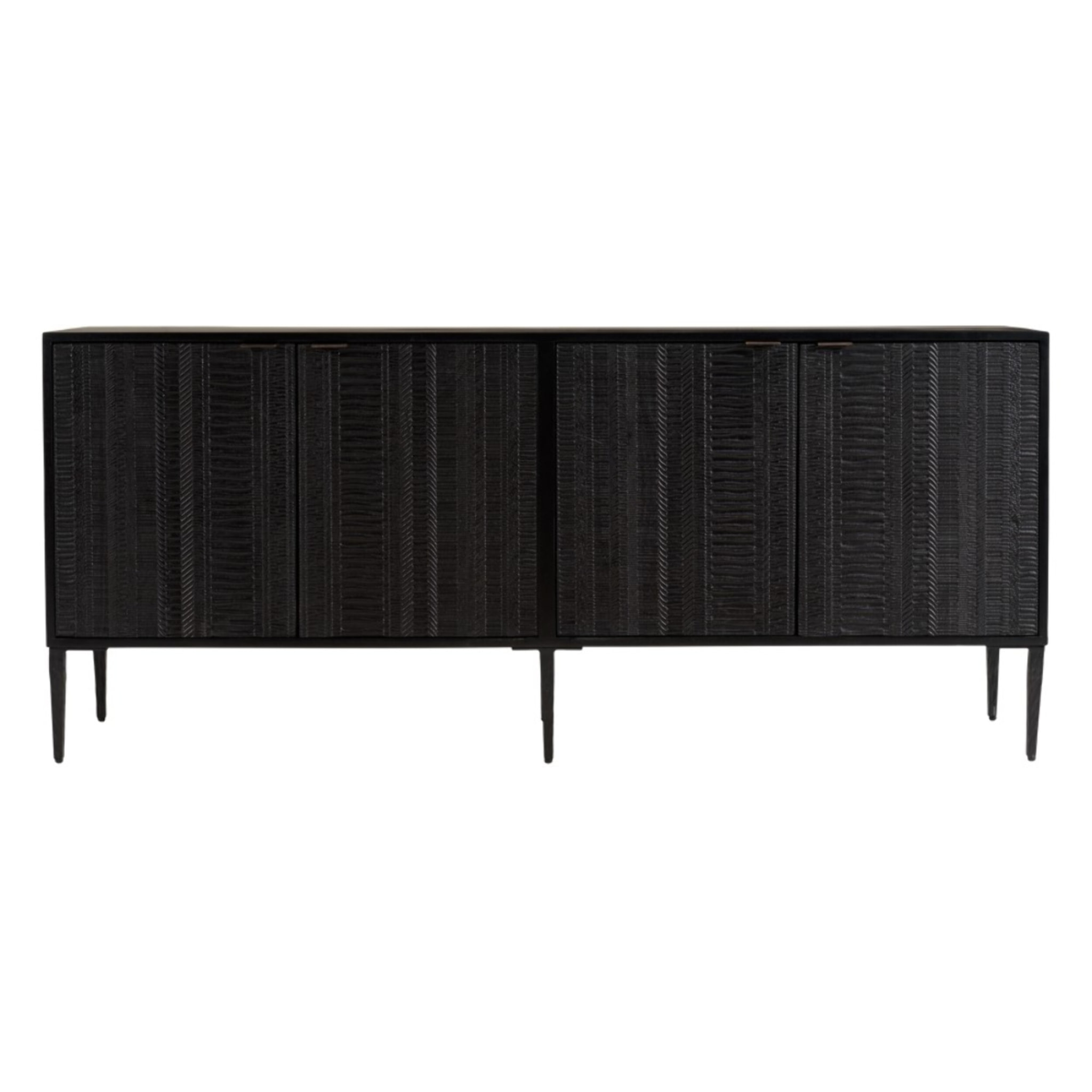 GLORIA - Buffet en manguier noir 4 portes sculptées pieds en métal