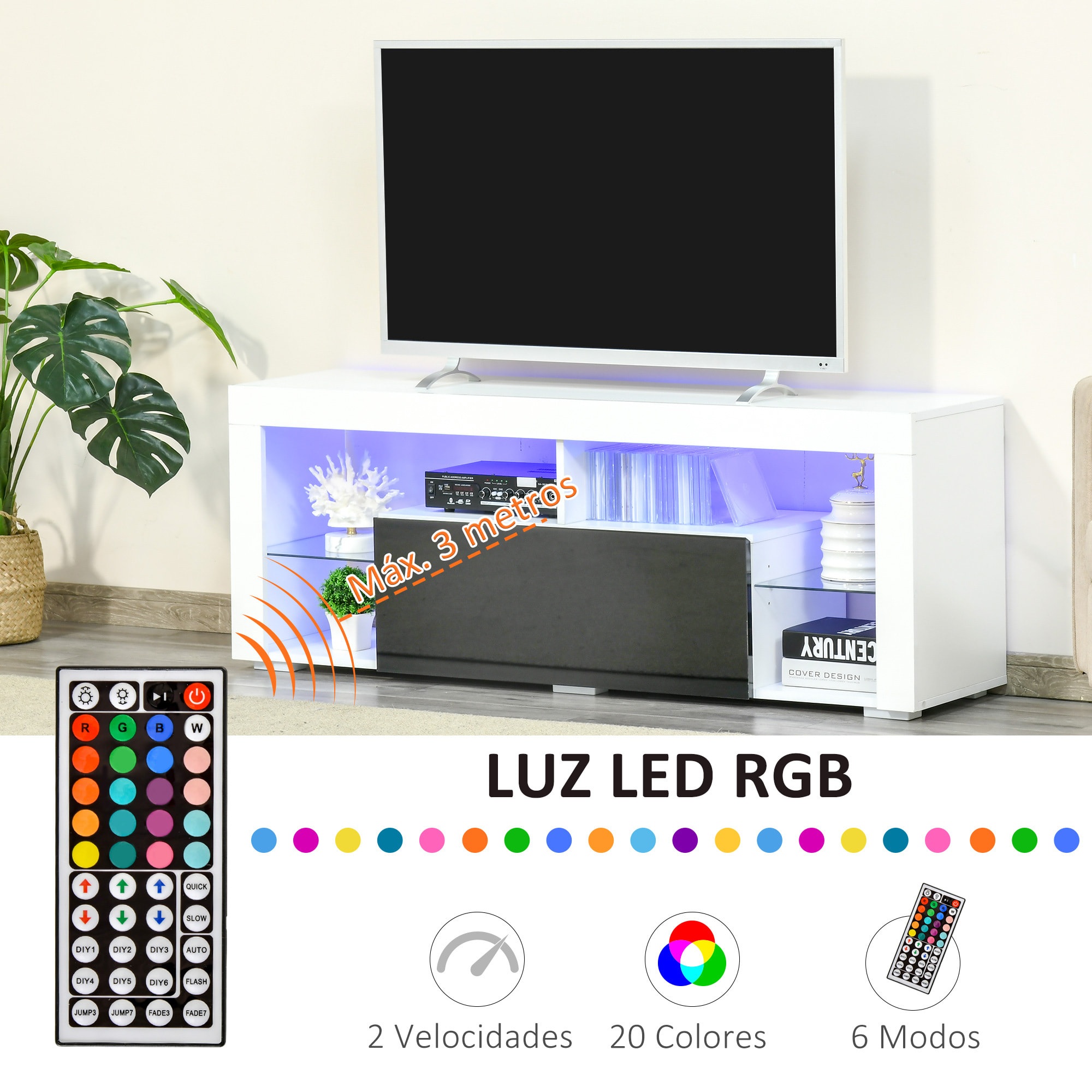 Mueble de TV para Televisiones de 55â‚¬ÂPulgadas Mesa para TV de Salón con Luz LED 6 Modos de Colores Mando a Distancia Cajón y Estantes de Cristal Ajustables 140x35x52 cm Blanco