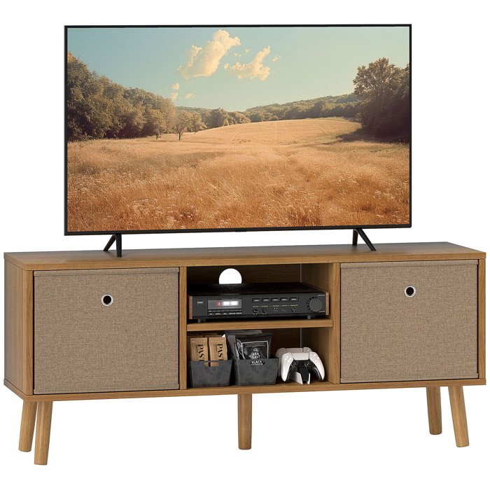 Mueble de TV, Mesa de TV con 2 Cajones de Tela, 2 Estantes Abiertos, Orificios para Cables, para Televisores hasta 50 Pulgadas, Largo de 110 cm, para Salón, Dormitorio, Madera y Marrón