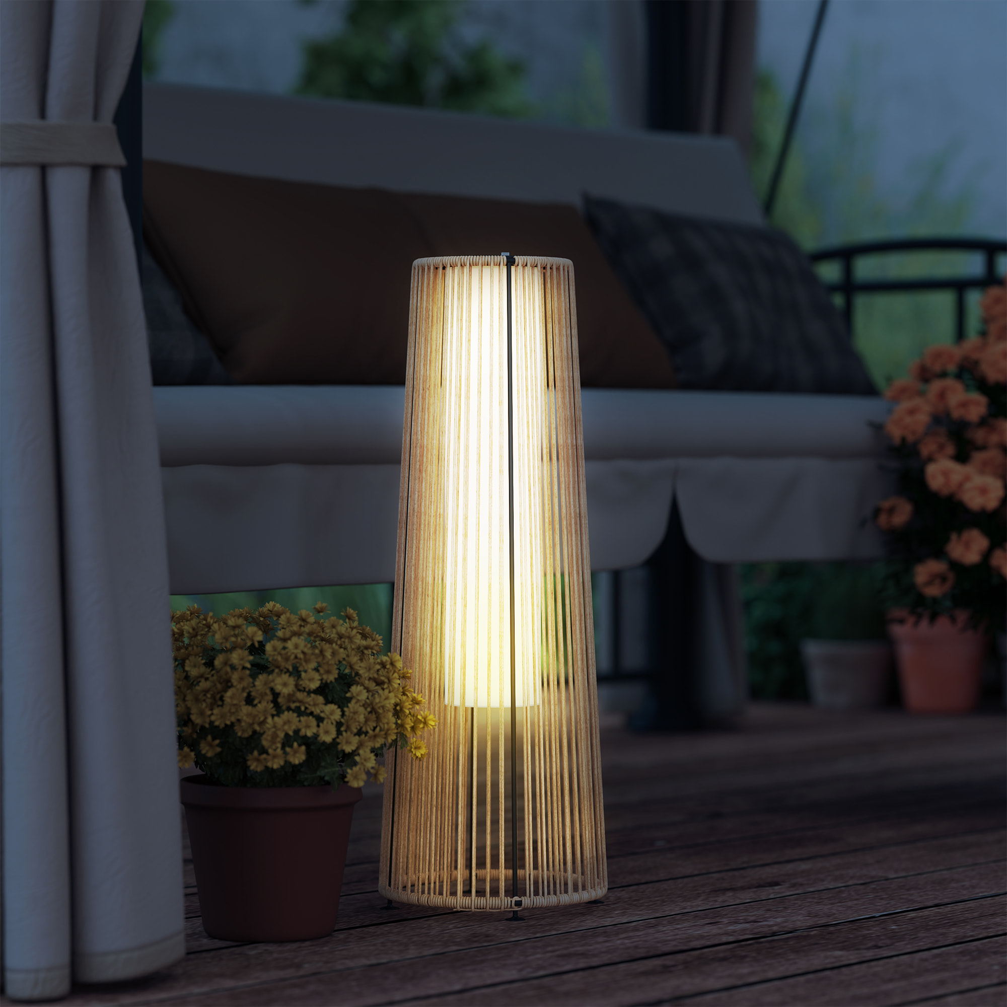 Linterna de Jardín de Ratán Sintético Farola Solar Exterior con Luces LED Encendido y Apagado Automático Impermeable para Terraza Balcón Patio Ø21,5x61 cm Natural