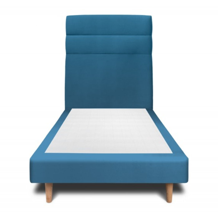 Lit avec tête de lit bandes horizontales velours et sommier tapissier Ep14