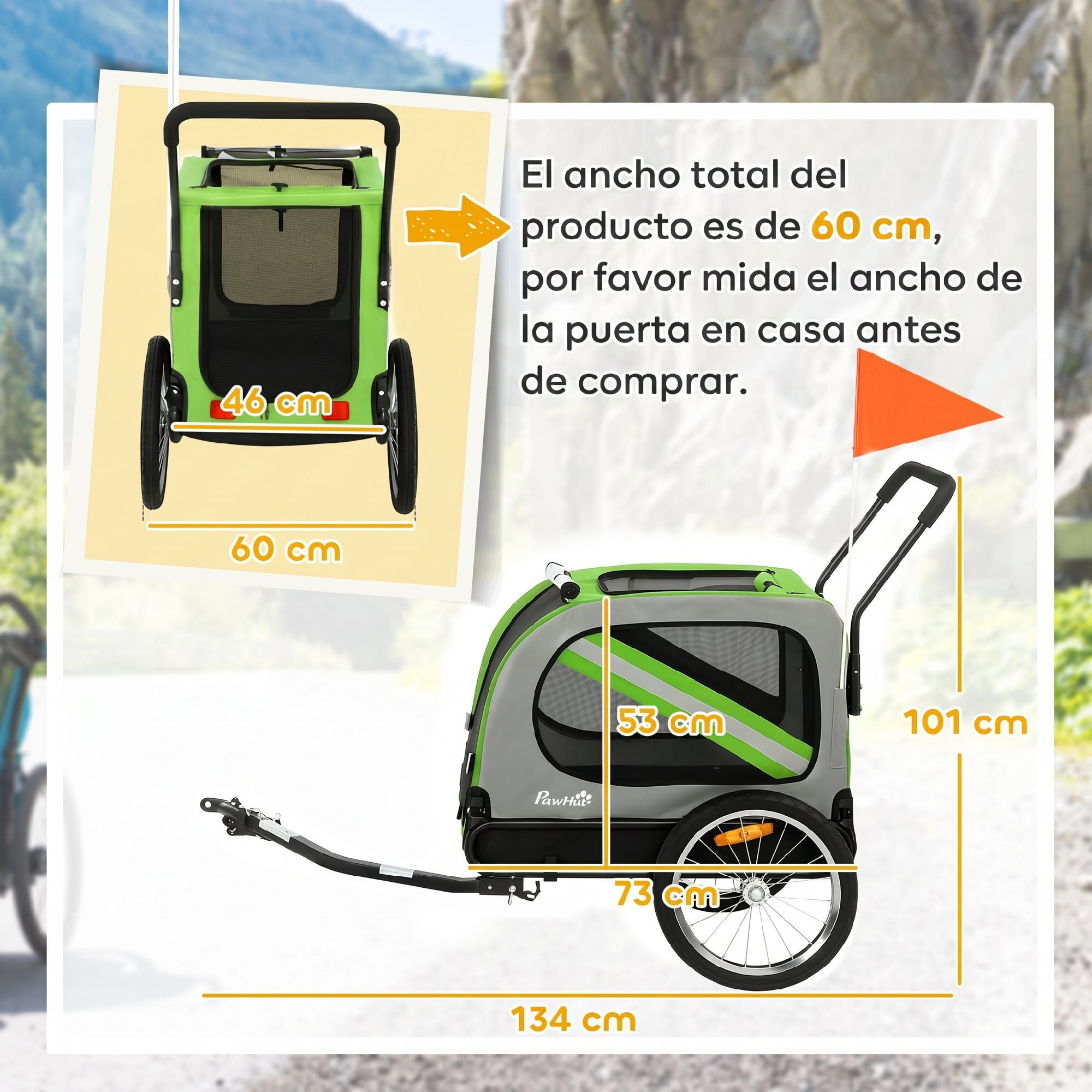 Remolque de Bicicleta para Perros 2 en 1, Carrito para Perros Medianos y Gatos Plegable con Cinturón de Seguridad, Bandera y Reflectores, Carga 20 kg, 134x62x101 cm, Verde