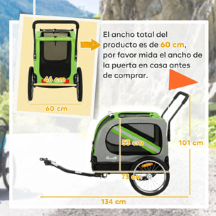 Remolque de Bicicleta para Perros 2 en 1, Carrito para Perros Medianos y Gatos Plegable con Cinturón de Seguridad, Bandera y Reflectores, Carga 20 kg, 134x62x101 cm, Verde
