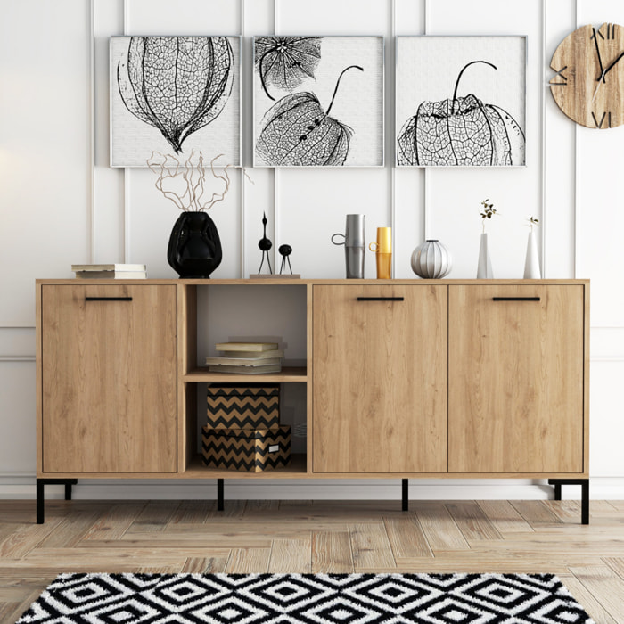 SPRING Buffet 3 portes et 2 niches finition bois et métal noir 180x80cm