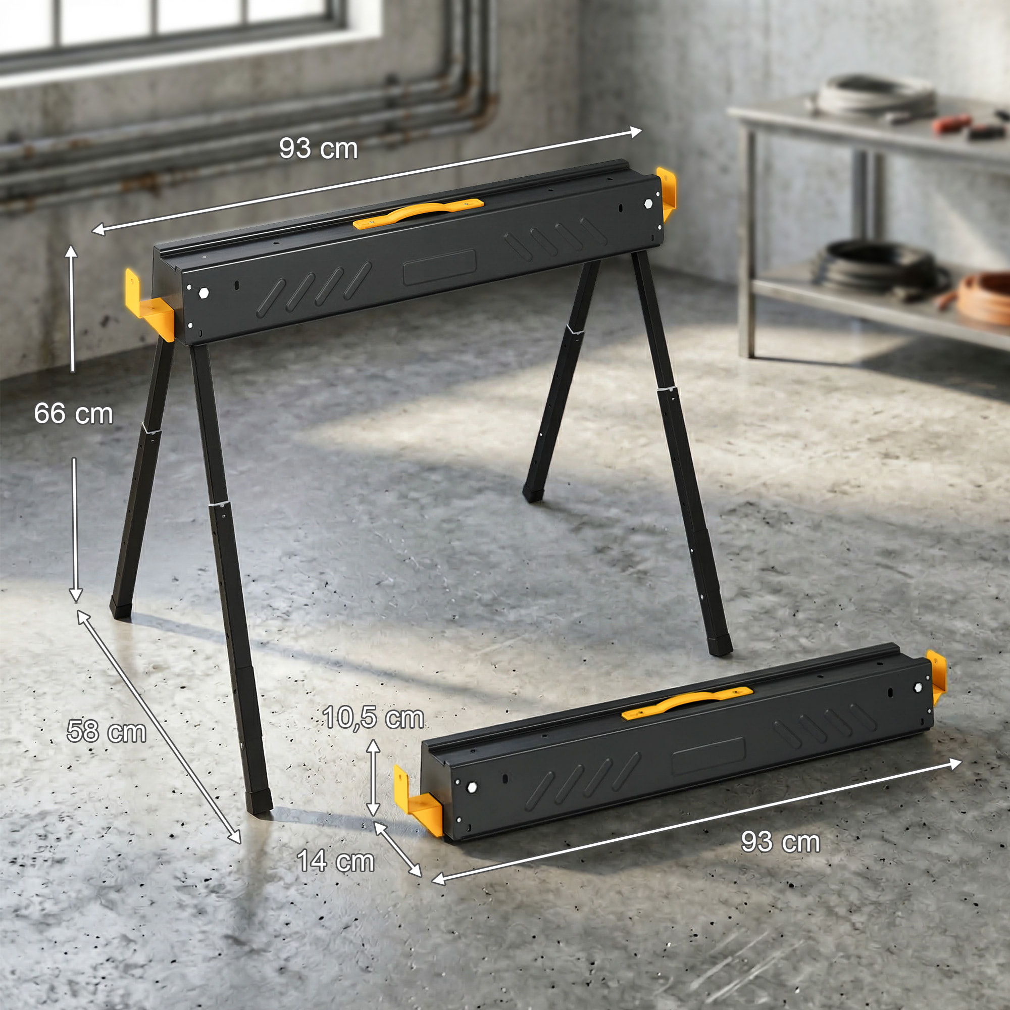 Set de 2 Caballetes para Sierra Plegables, Banco de Trabajo, Altura Ajustable, para Madera 2x4, con Asa, Ganchos, Base Antideslizante, para Carpintería y Bricolaje, Soporta hasta 500 kg, Negro