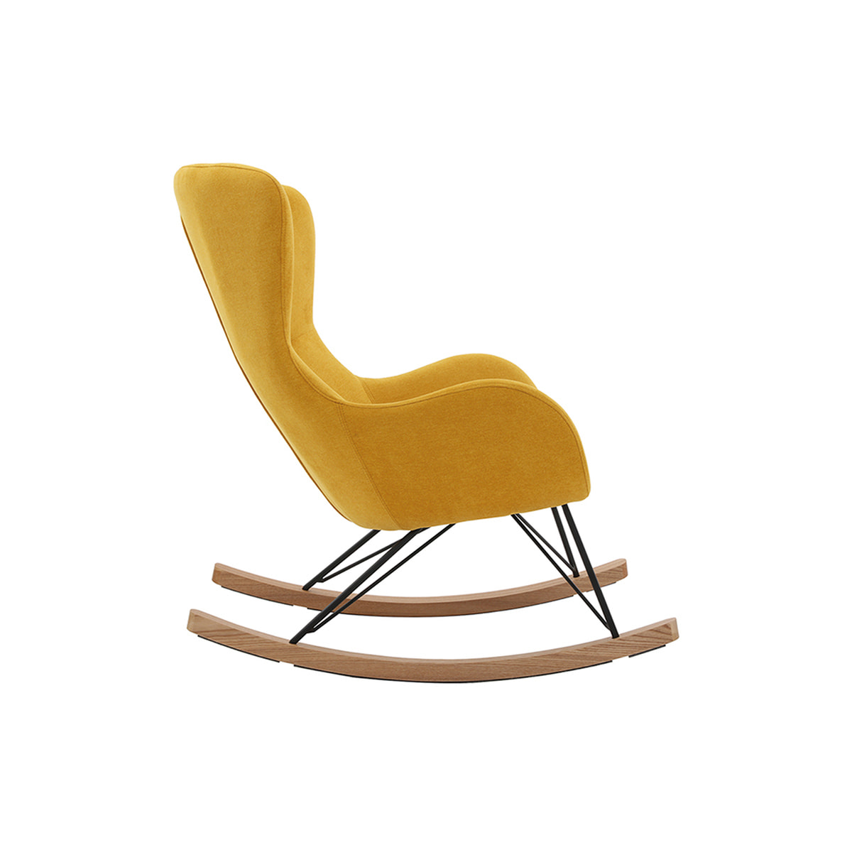 Rocking chair scandinave en tissu effet velours jaune moutarde, métal noir et bois clair ESKUA