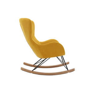 Rocking chair scandinave en tissu effet velours jaune moutarde, métal noir et bois clair ESKUA