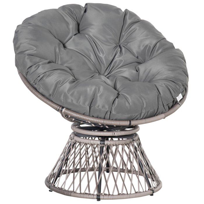 Sillón Papasan Giratorio de Ratán Sintético Silla Ovalada de Mimbre PE con Cojín y Marco de Acero Carga 160 kg para Jardín Patio Terraza 87x97x86 cm Gris