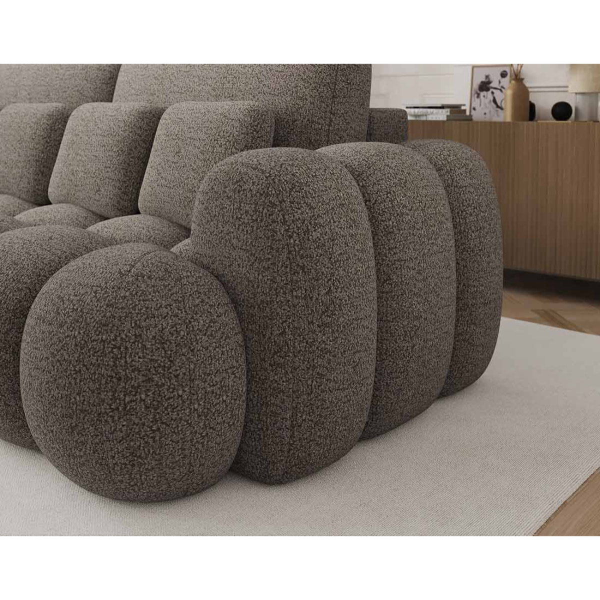 Dorian - Canapé droit 3 places bubble convertible avec coffre en tissu bouclette - Gris