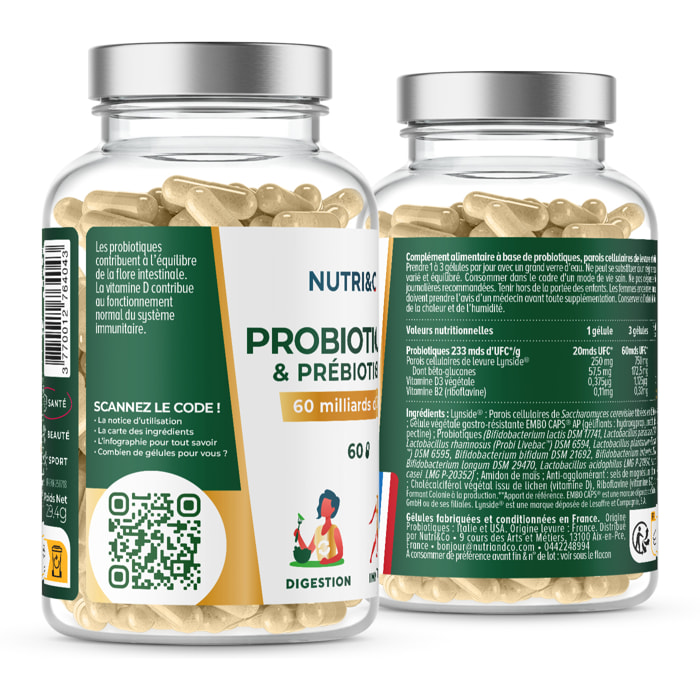 Nutri&Co Probiotiques & Prébiotiques - Flore Intestinale - 60 gélules Vegan