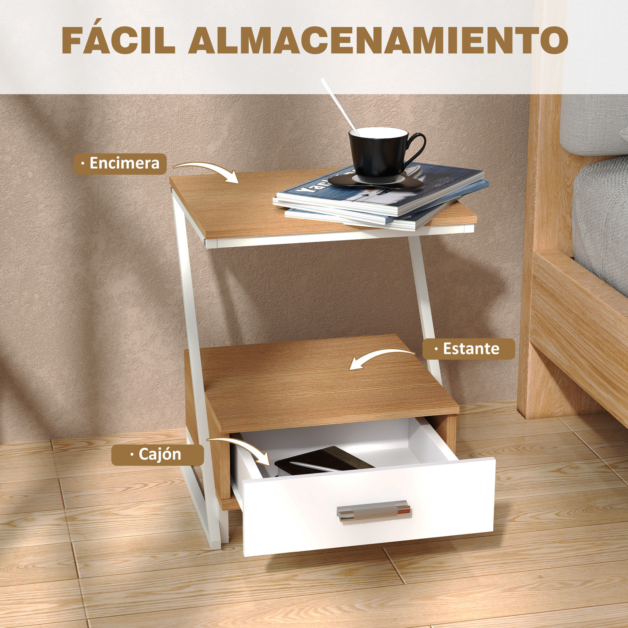 Juego de 2 Mesas Auxiliares para Salón Mesitas Auxiliares en Forma de Z con Cajón y Compartimento Mesita Auxiliar para Salón Dormitorio 40x35x50 cm Madera Natural