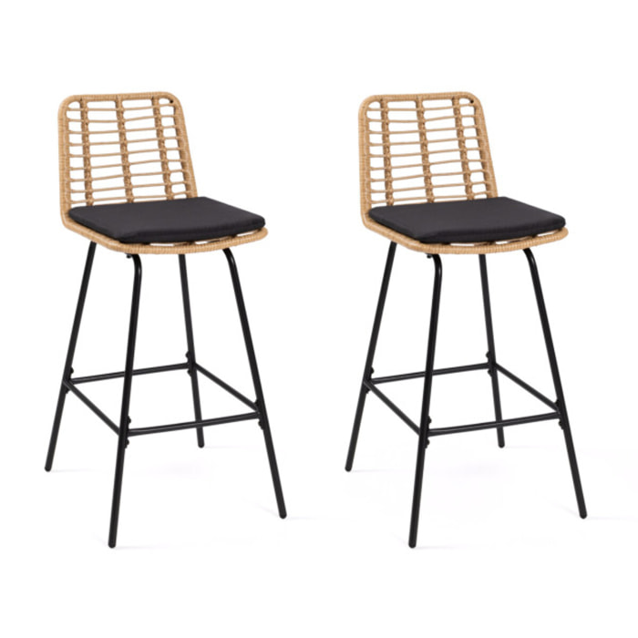 Tabourets de bar Cuba style rotin avec coussin - lot de 2