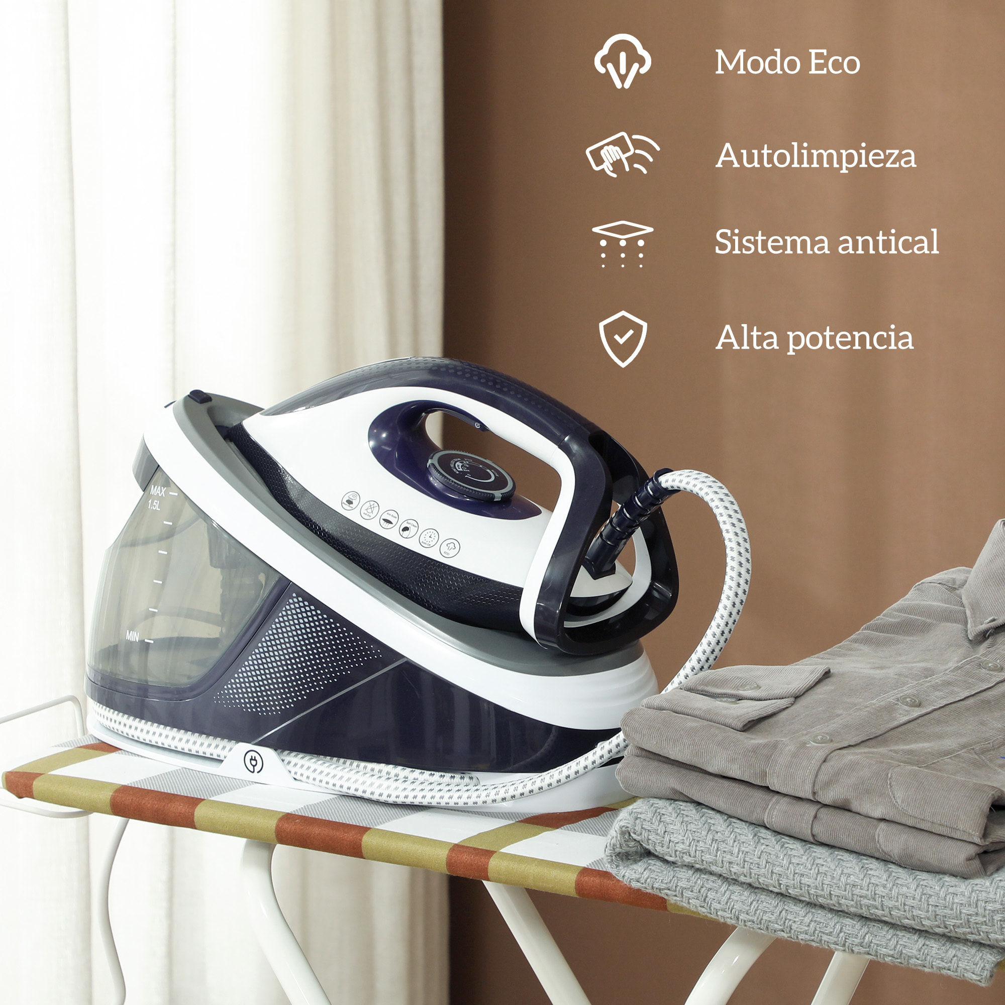 Centro de Planchado 2600W 100 g/min 8 Bares Función ECO Suela de Cerámica Planchado Vertical Potente Apagado Automático Sistema Antical Autolimpieza Depósito Extraíble 1,5 L Azul