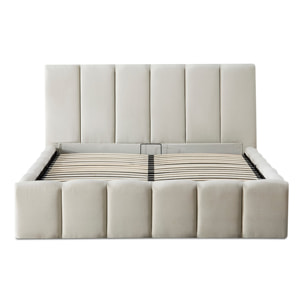 Lit Coffre Madeleine en tissu Beige, Grand espace de Rangement, Tête de lit rembourrée, Lattes actives, Vérins Hydrauliques, Design Élégant