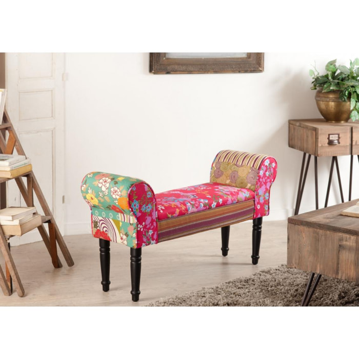 ARTHUR - Banc de lit rectangulaire tissu bohème multicolore pieds bois noir