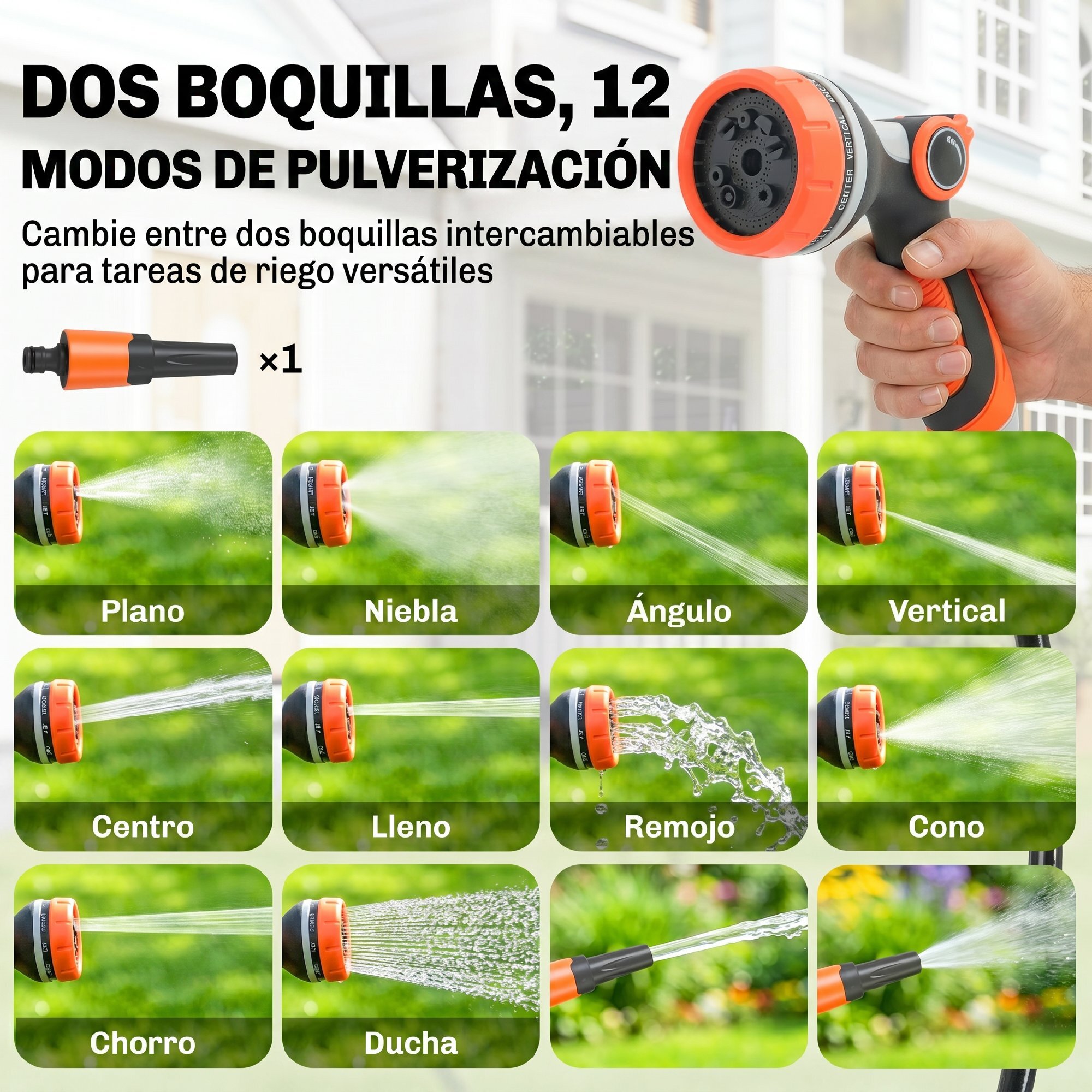 Enrollador de Manguera para Jardín 28+2 m con 12 Modos de Rociado, Carrete de Manguera de Jardín de Pared con Bloqueo Automático y Retracción Controlada, Soporte Orientable 180°, Naranja