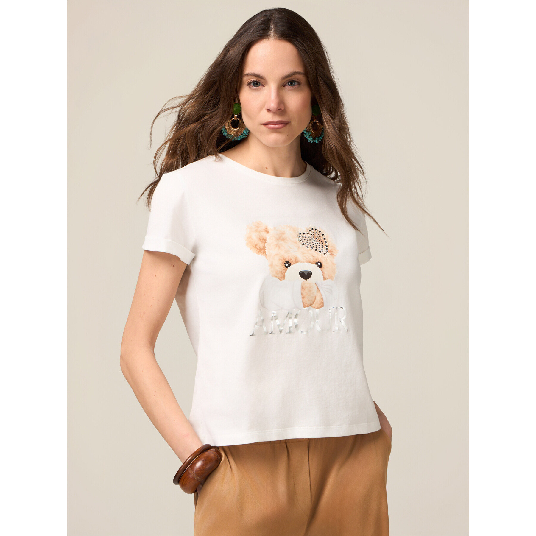 Oltre - Camiseta de algodón con estampado y aplicaciones - Blanco