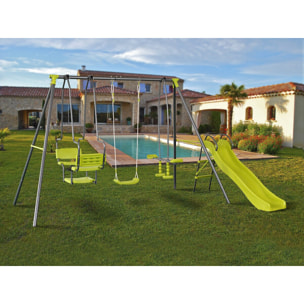 Portique en métal avec toboggan "Ludo II" avec 4 agrès - Vert