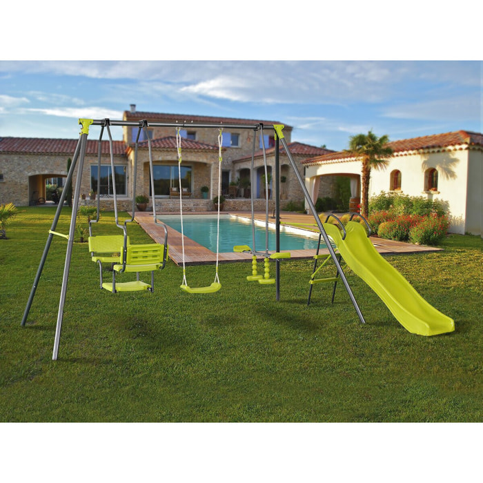 Portique en métal avec toboggan "Ludo II" avec 4 agrès - Vert