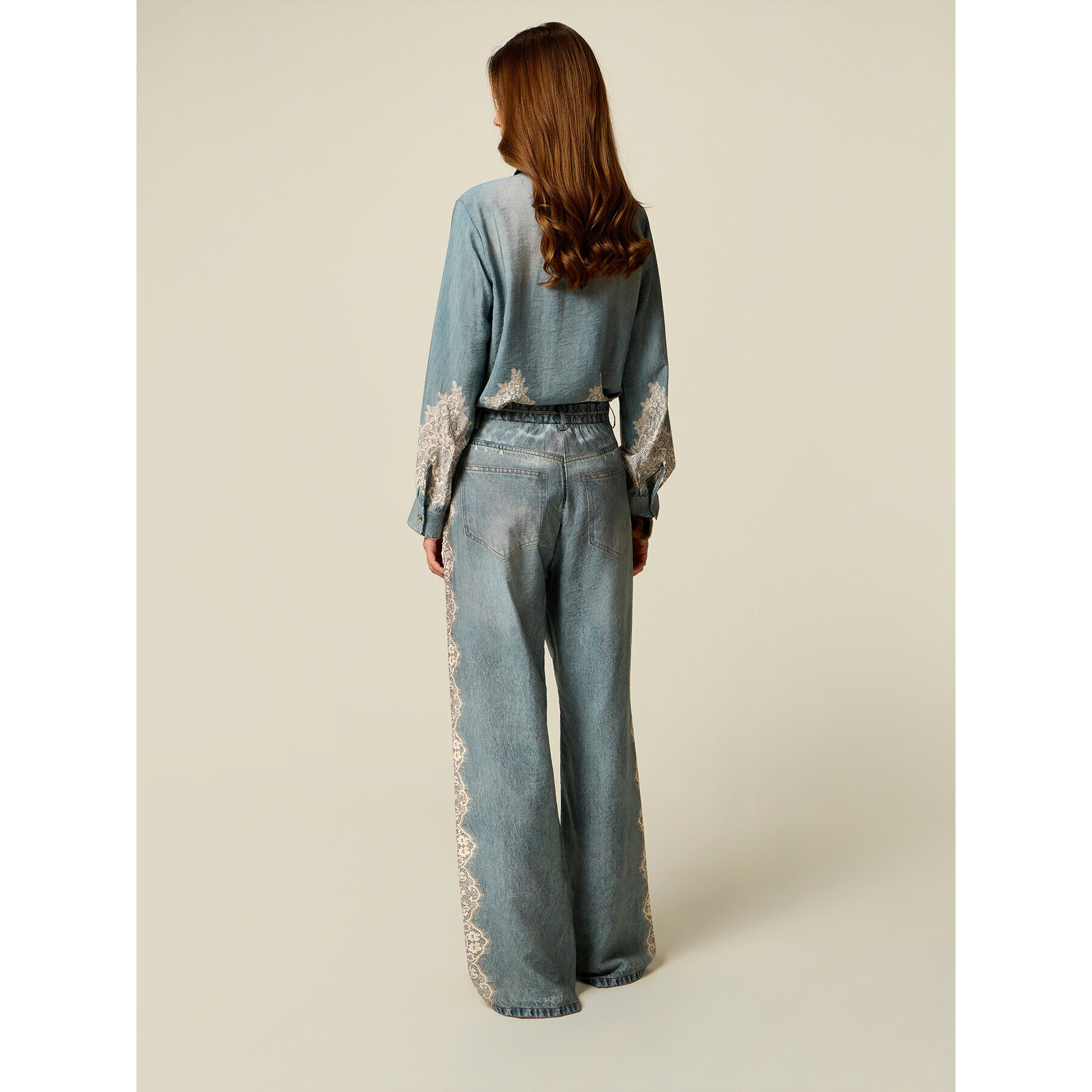 Oltre - Pantalones palazzo efecto denim con encaje - Light - blue