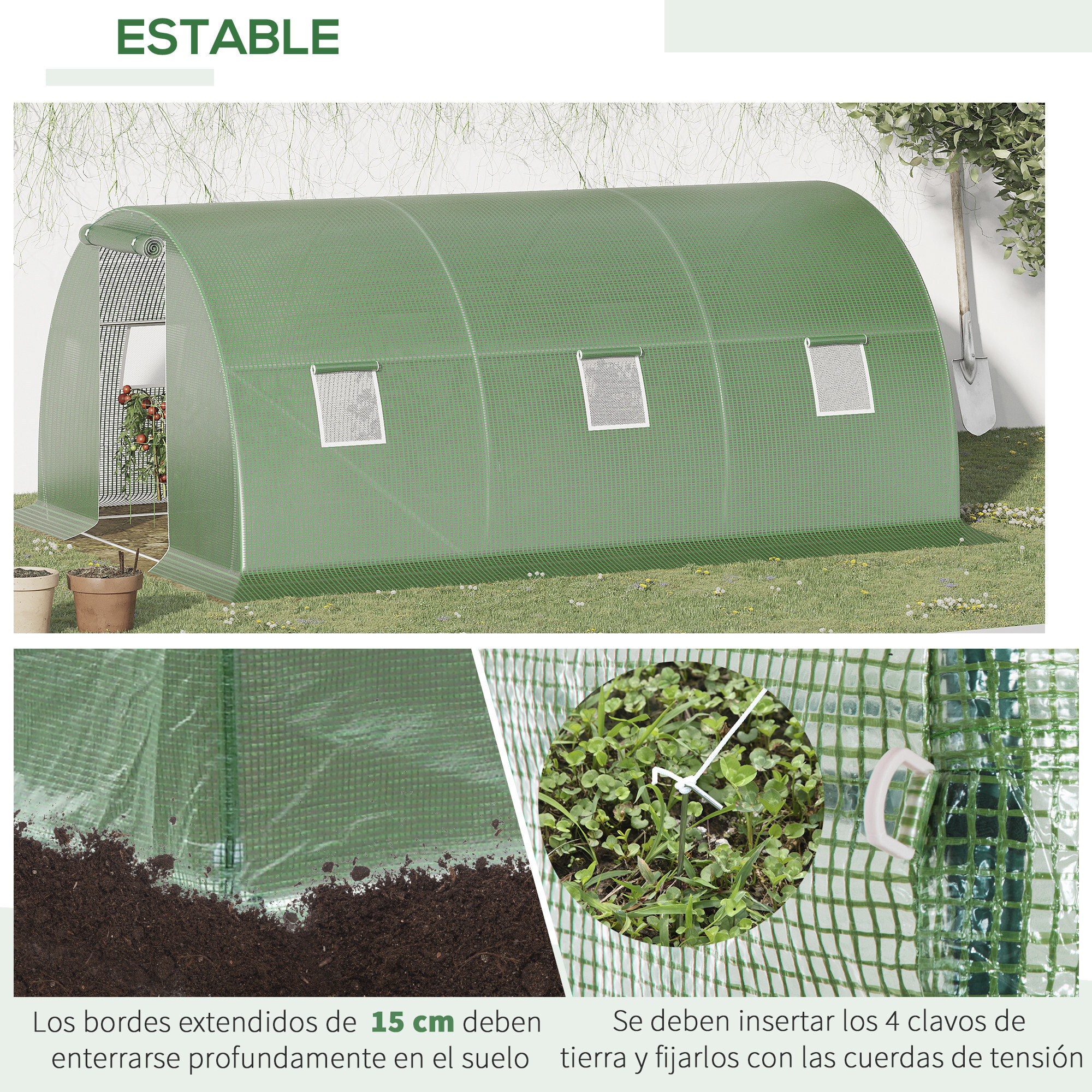 Invernadero de Exterior 4,5x3x2 m Invernadero de Túnel con Paredes Laterales Enrollables 6 Ventanas de Malla y Puerta Enrollable con Cremallera Invernadero para Jardín Patio Verde