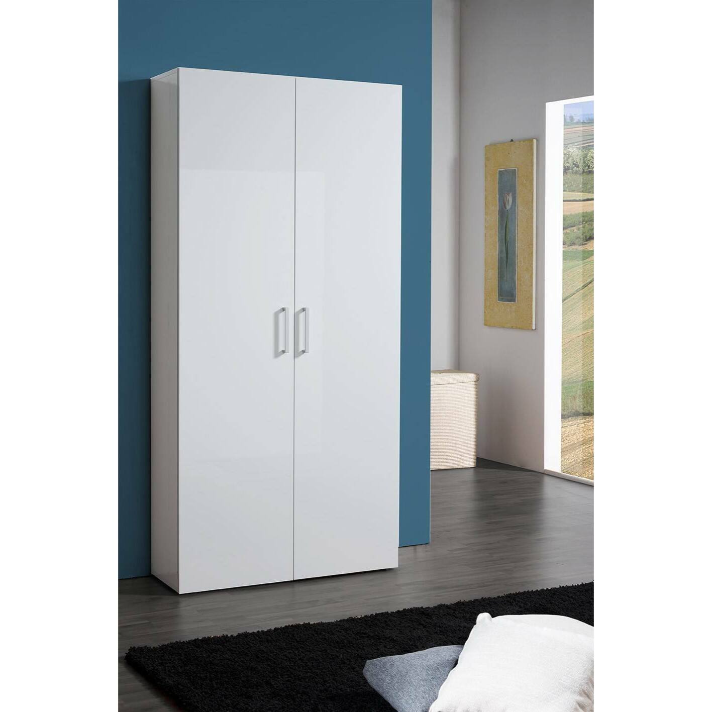 Scarpiera Actra, Mobile multiuso a 2 ante e scaffali interni, Portascarpe da ingresso, 100% Made in Italy, cm 91x33h190, Bianco lucido