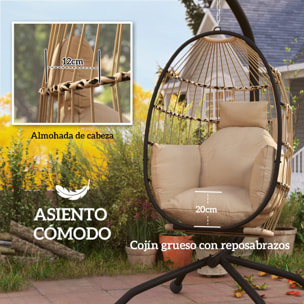Silla Colgante Huevo con Soporte Columpio Jardín Exterior con Cesta Plegable Cojín y Reposacabezas Portavaso Columpio Colgante para Interior y Exterior Carga 120 kg Caqui