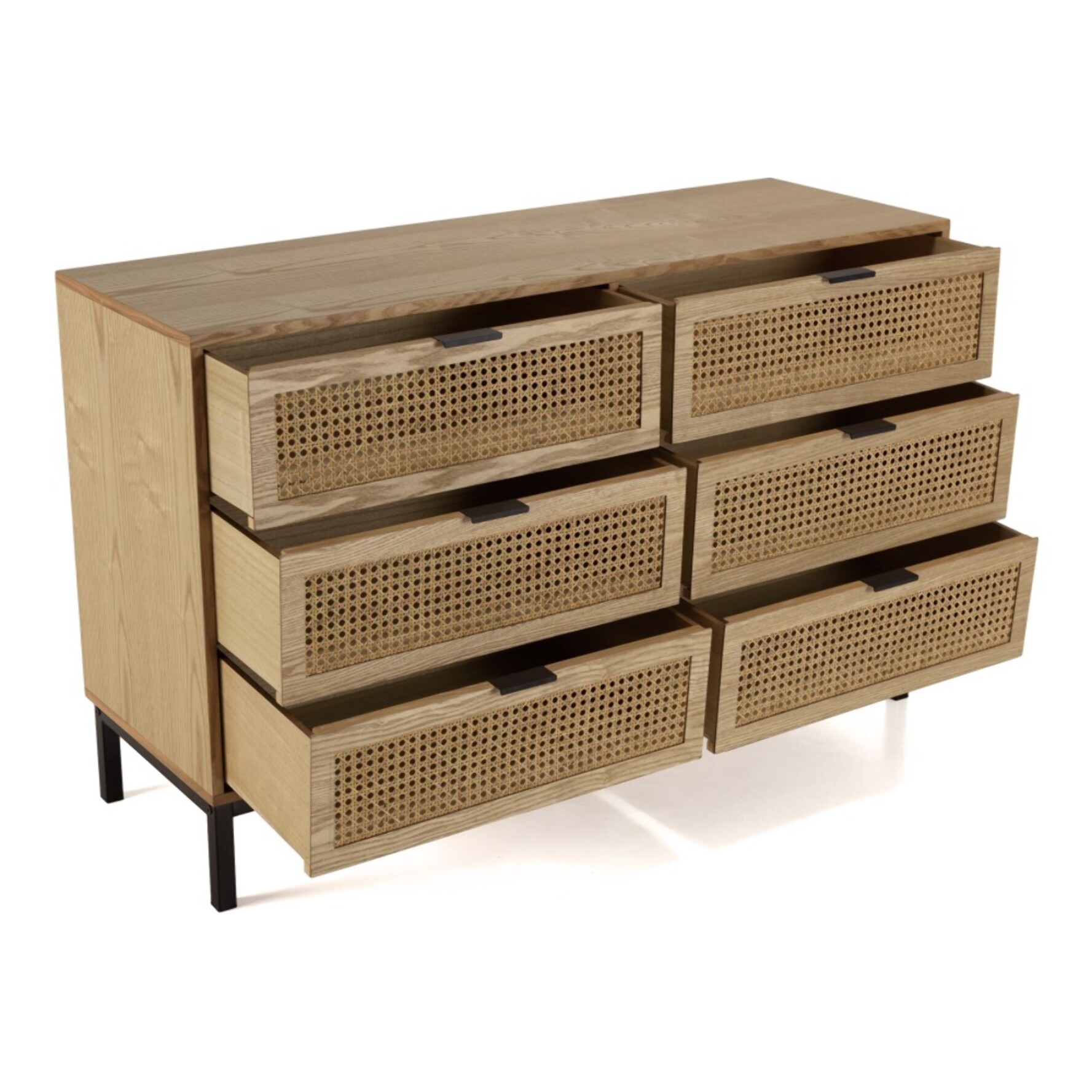 MARCEAU - Commode 6 tiroirs cannage naturel pieds métal noir