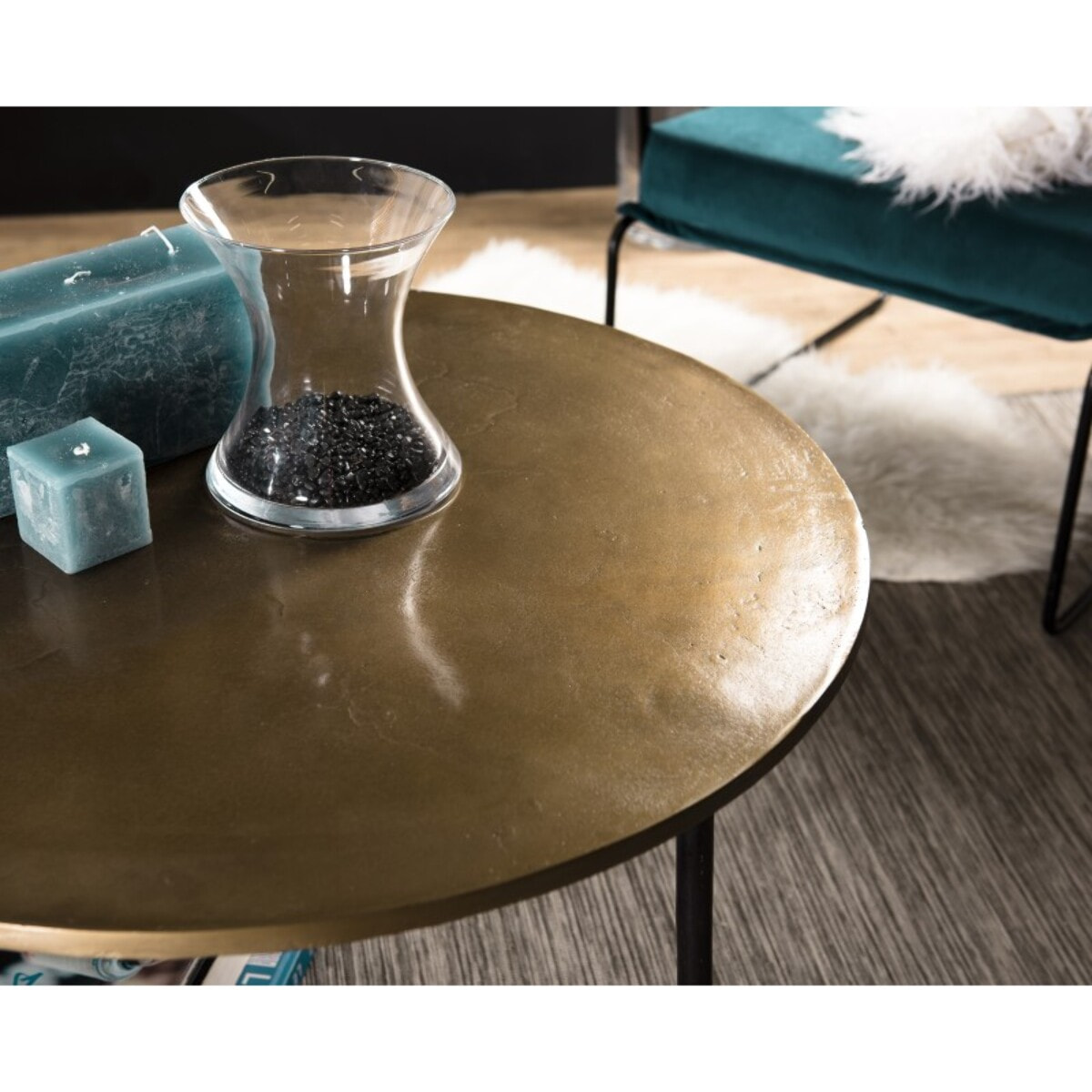 JOHAN - Table basse ronde 80x80cm plateau aluminium doré pieds noirs