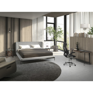 Cama Angel Cerdá de matrimonio con un cabecero y estructura en tela en gris claro y patas de acero inoxidable pulido oscurecido 218x229x105cm