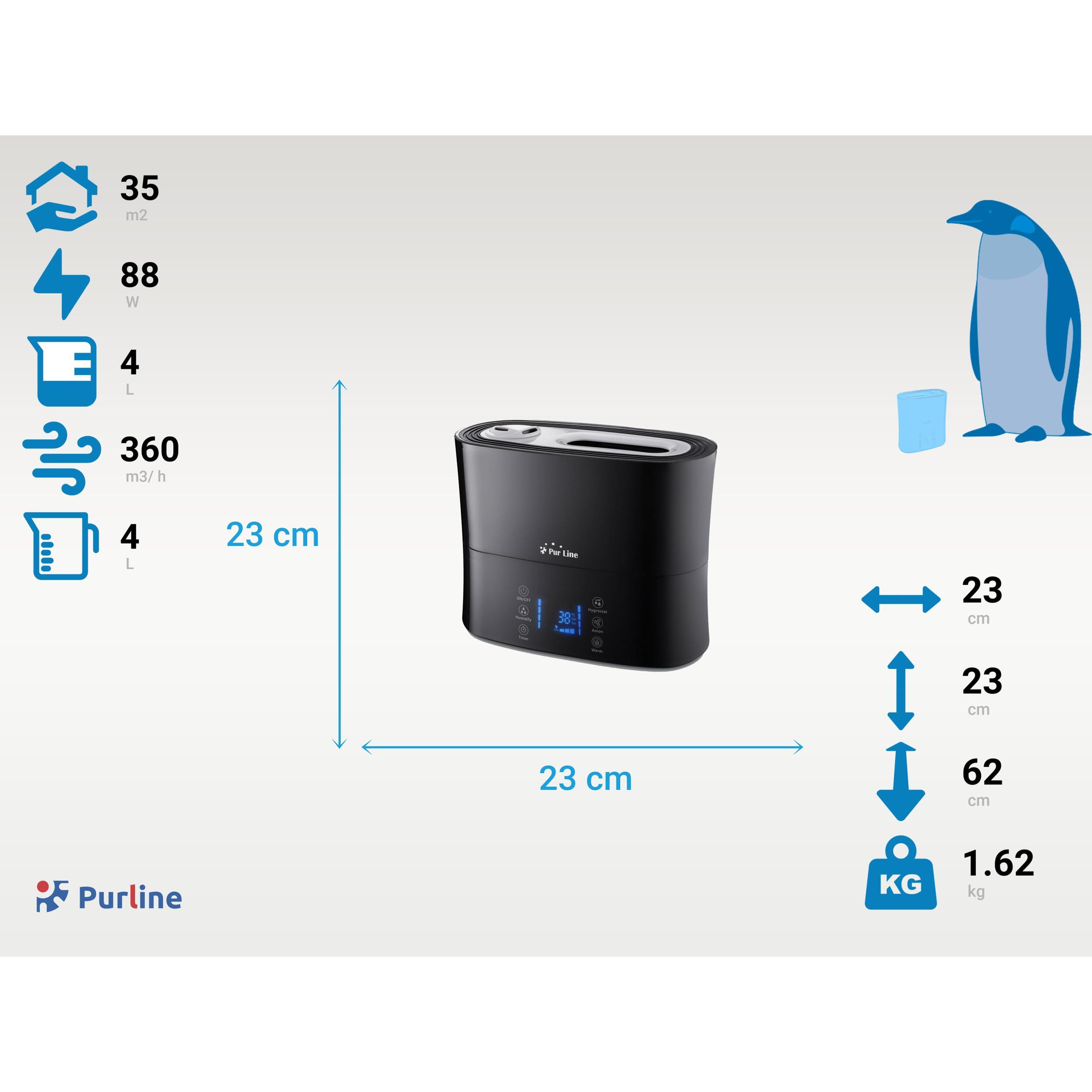Humidificador de ultrasonidos 8W vapor frío y templado 35m2 HYDRO 14 PURLINE