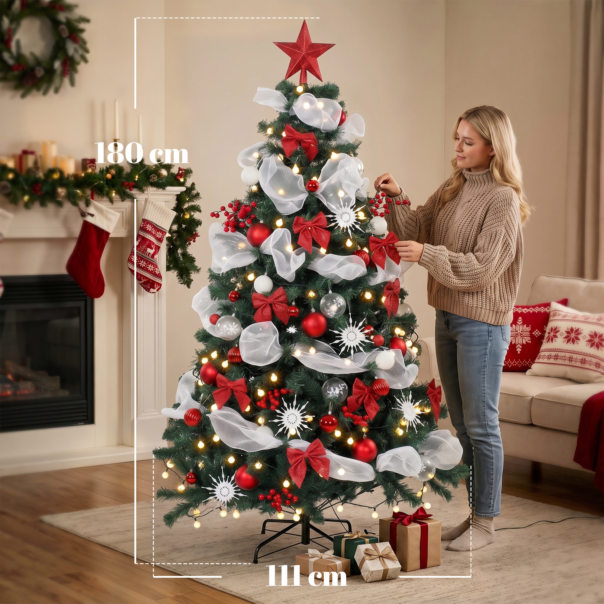 HOMCOM Árbol de Navidad con 200 LED Blanco Cálido 180 cm Árbol de Navidad Predecorado, 800 Ramas Abatibles, 8 Modos, Bolas, Cintas, Lazos, Mando, Base Metálica Plegable, Funciona con USB, Verde y Rojo