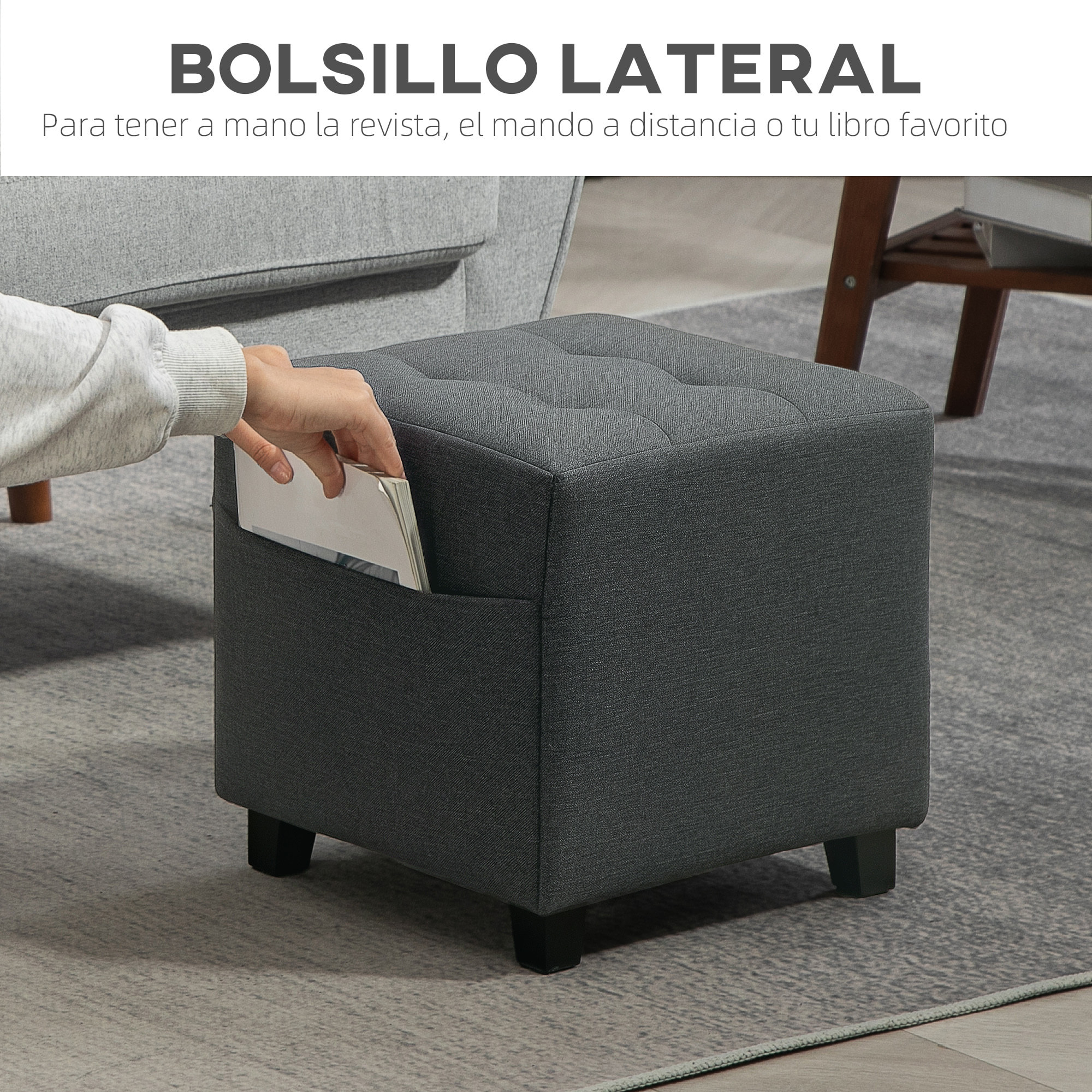Reposapiés de Salón Taburete Bajo Tapizado en Lino Otomana Cuadrada con Bolsillo Lateral Tapa con Botones Acolchados y Marco de Madera para Sala de Estar Dormitorio Gris