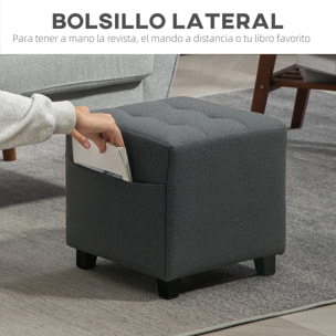 Reposapiés de Salón Taburete Bajo Tapizado en Lino Otomana Cuadrada con Bolsillo Lateral Tapa con Botones Acolchados y Marco de Madera para Sala de Estar Dormitorio Gris