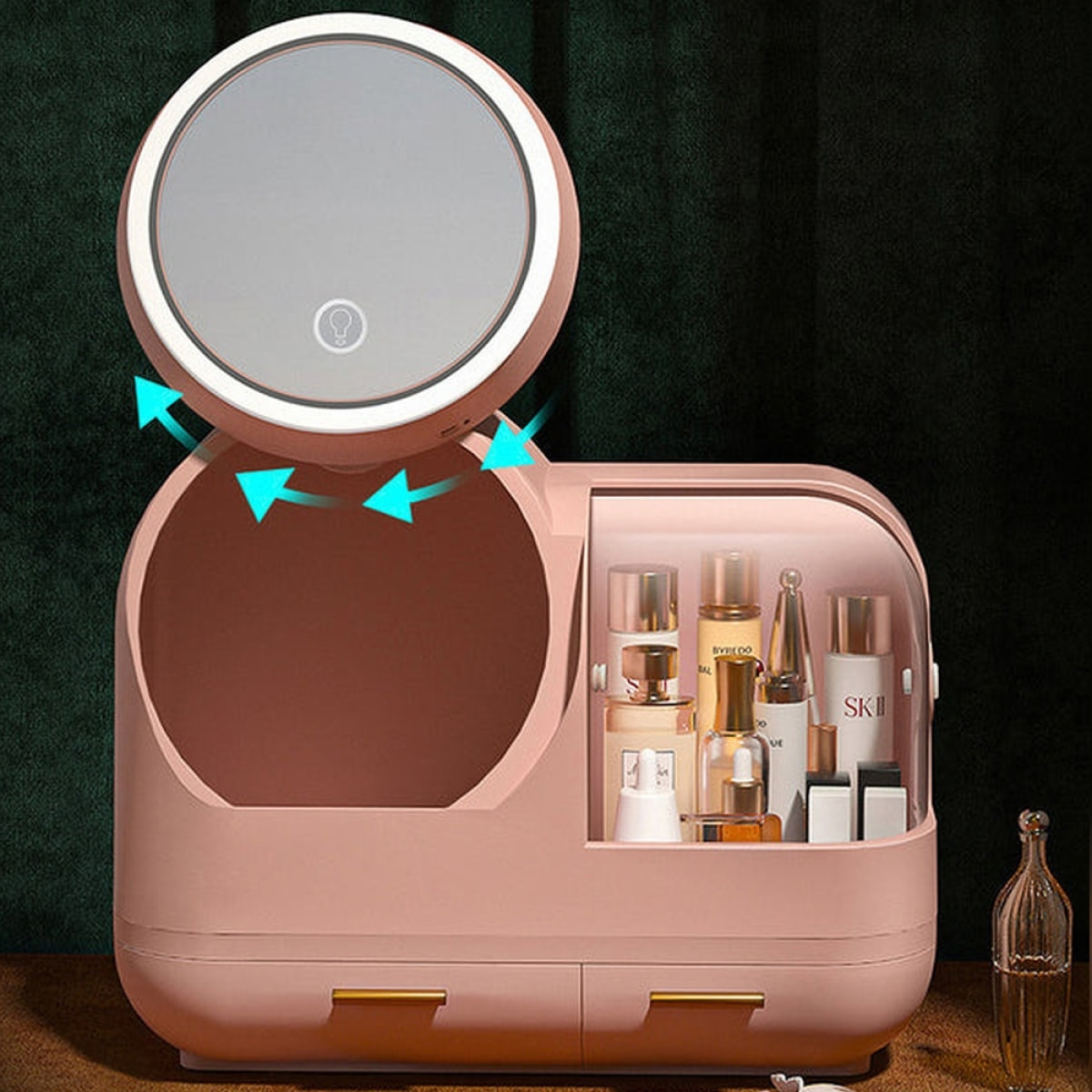 Caja organizadora de almacenamiento de maquillaje con espejo con luz led rosa