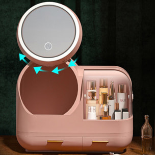 Caja organizadora de almacenamiento de maquillaje con espejo con luz led rosa